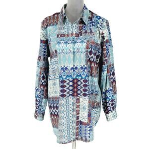 Coldwater Creek Top Plus Size 1X Blue Red Print Cotton Button Up Tunic Blouse
